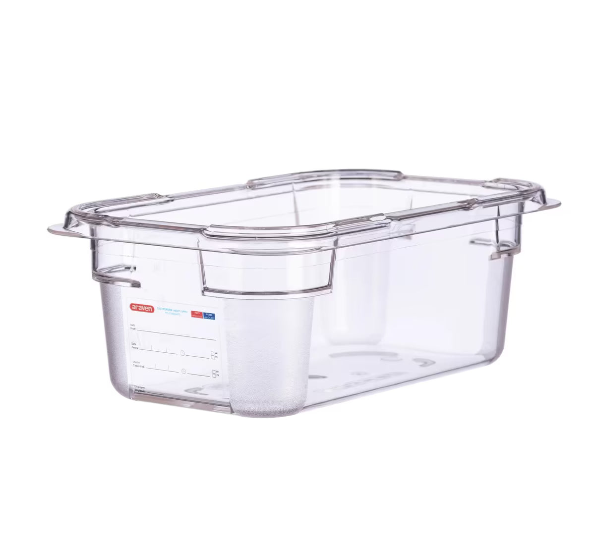 Organize food storage with the GN 1/4 Size 4 Inch Deep Clear Polycarbonate Food Pan 09817. Features an integrated traceability label, measuring scale, rounded edges and stain-resistant construction.
