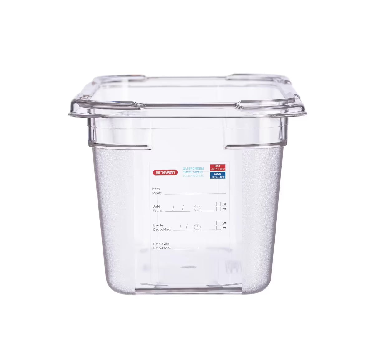 Organize food storage with the GN 1/4 Size 6 Inch Deep Clear Polycarbonate Food Pan 09818. Features an integrated traceability label, measuring scale, rounded edges and stain-resistant construction.