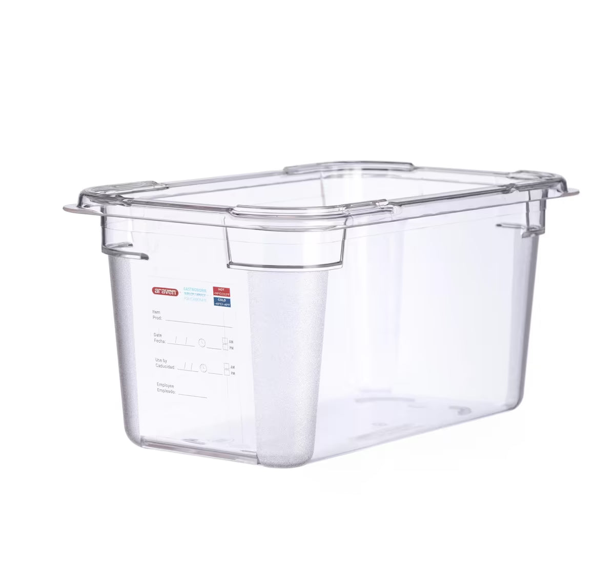 Organize food storage with the GN 1/4 Size 6 Inch Deep Clear Polycarbonate Food Pan 09818. Features an integrated traceability label, measuring scale, rounded edges and stain-resistant construction.