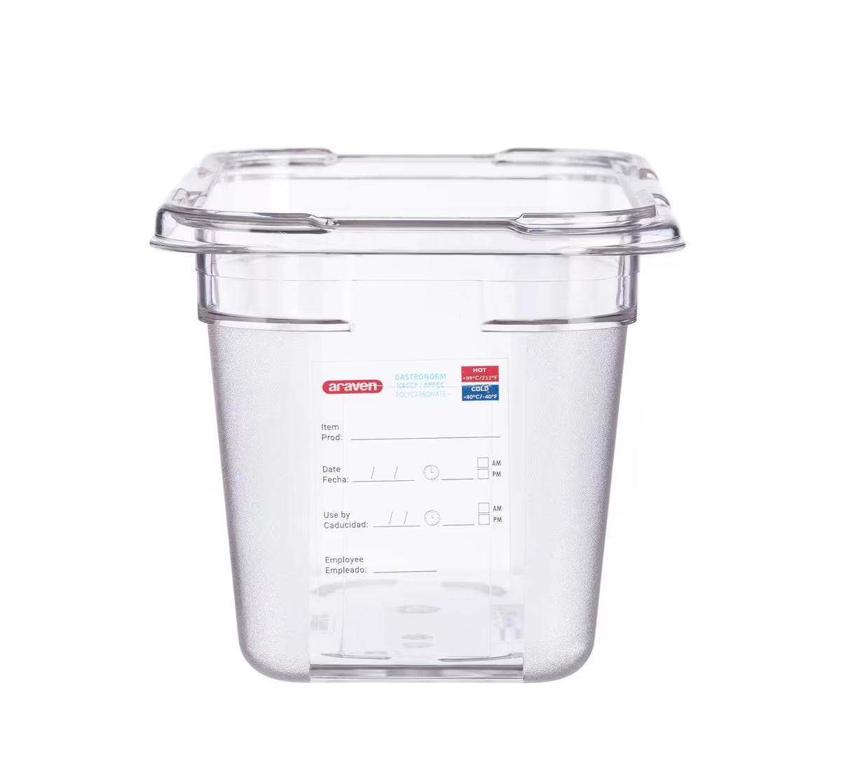 Organize food storage with the GN 1/3 Size 6 Inch Deep Clear Polycarbonate Food Pan 09820. Features an integrated traceability label, measuring scale, rounded edges and stain-resistant construction.