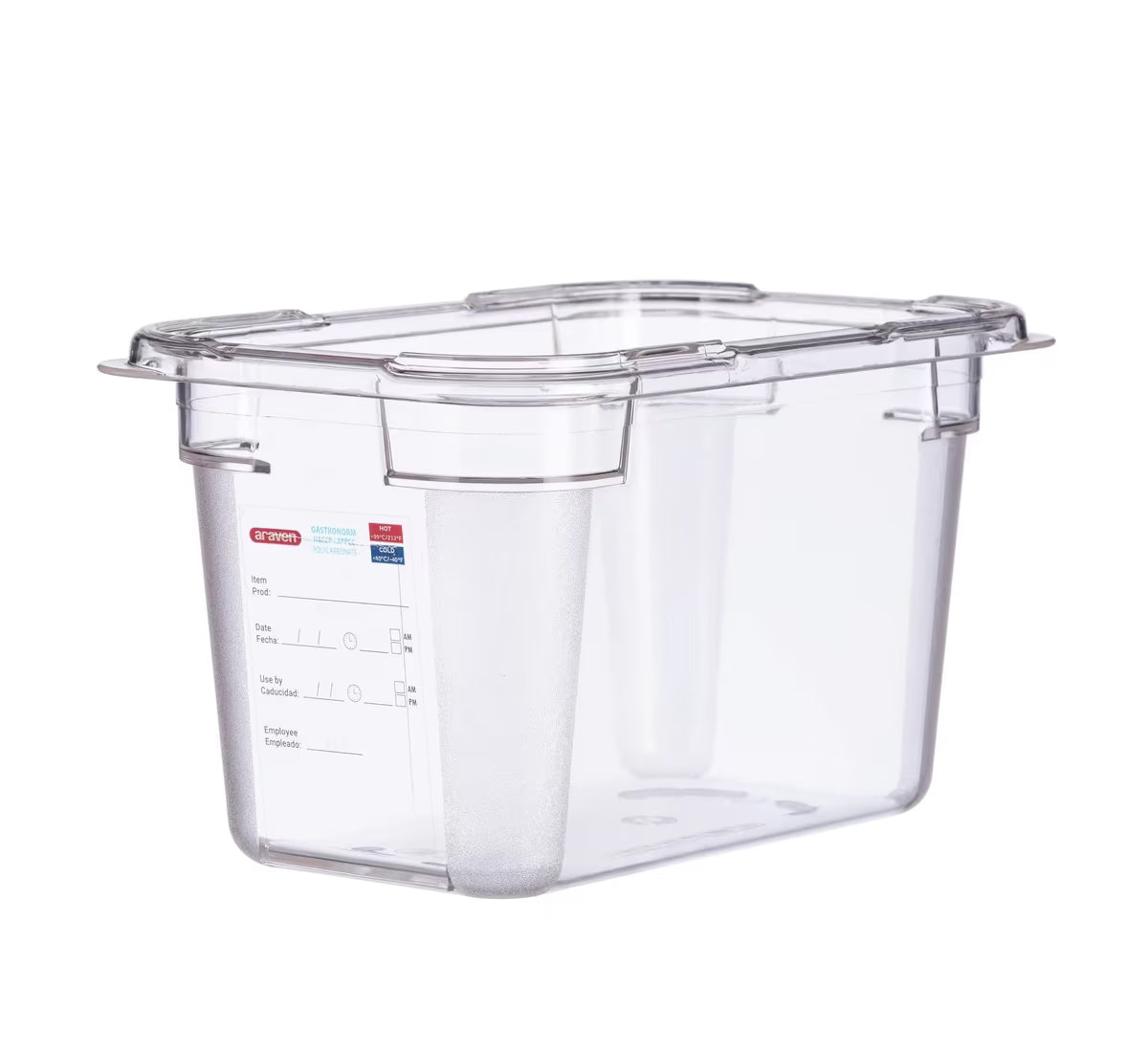 Organize food storage with the GN 1/3 Size 6 Inch Deep Clear Polycarbonate Food Pan 09820. Features an integrated traceability label, measuring scale, rounded edges and stain-resistant construction.