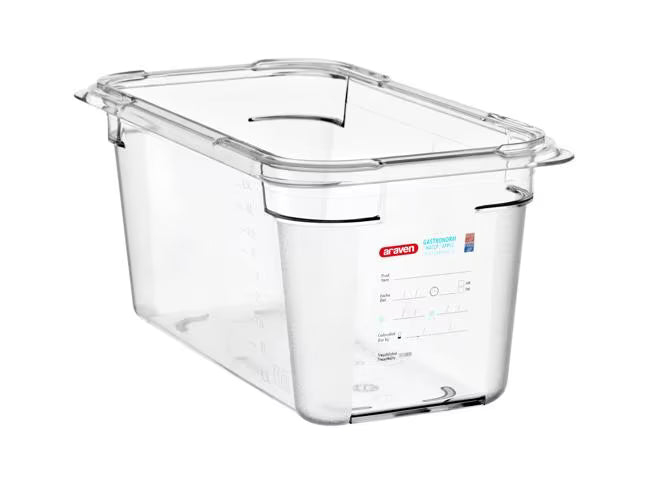 Organize food storage with the GN 1/3 Size 6 Inch Deep Clear Polycarbonate Food Pan 09820. Features an integrated traceability label, measuring scale, rounded edges and stain-resistant construction.