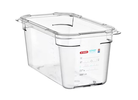 Organize food storage with the GN 1/3 Size 6 Inch Deep Clear Polycarbonate Food Pan 09820. Features an integrated traceability label, measuring scale, rounded edges and stain-resistant construction.