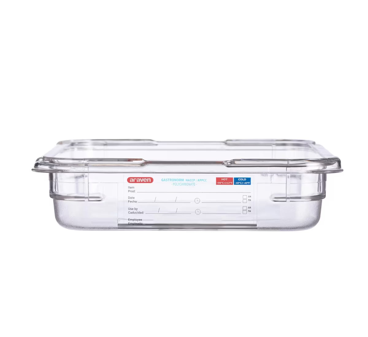 Organize food storage with the GN 1/2 Size 2.5 Inch Deep Clear Polycarbonate Food Pan 09821. Features an integrated traceability label, measuring scale, rounded edges and stain-resistant construction.