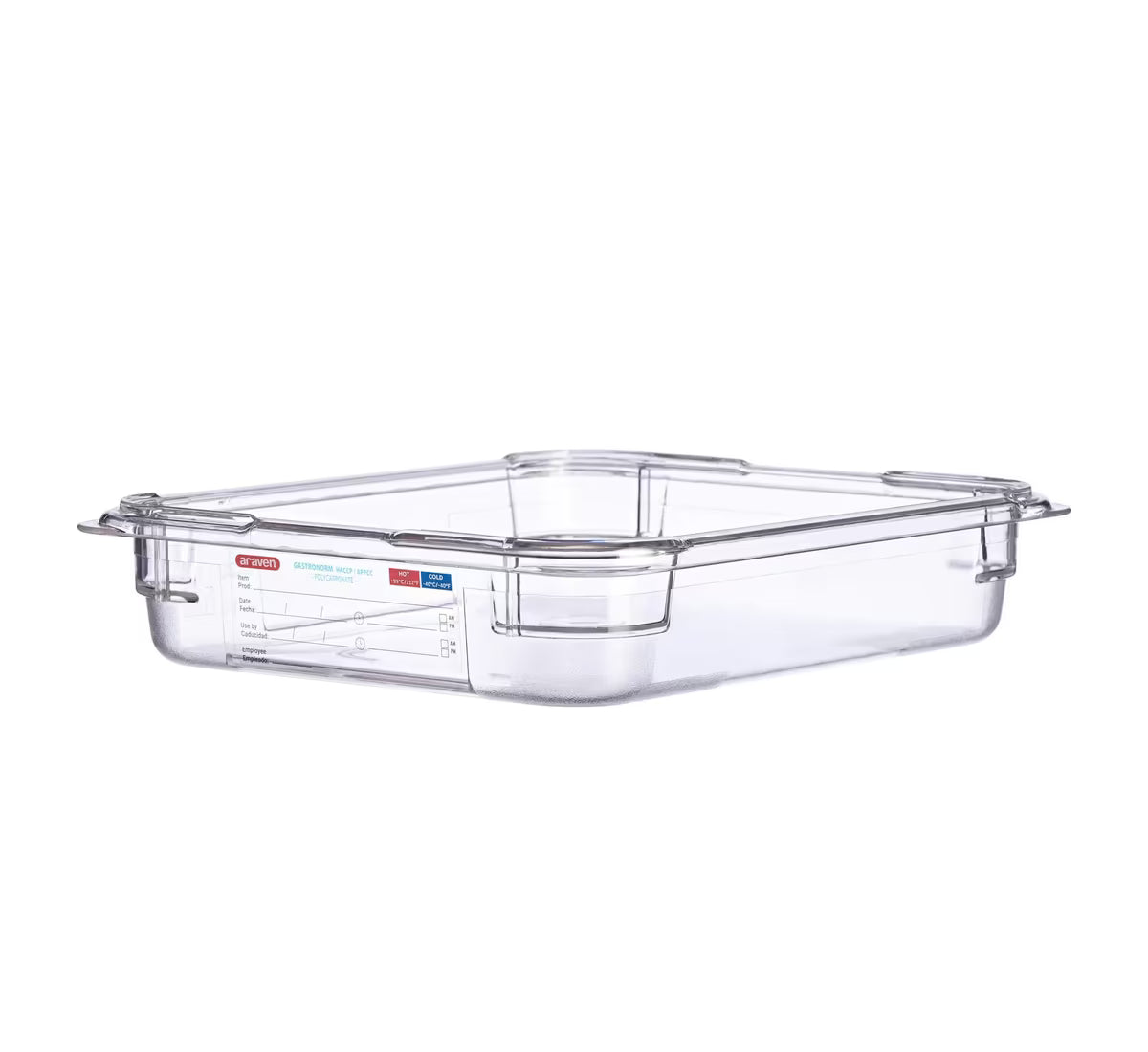 Organize food storage with the GN 1/2 Size 2.5 Inch Deep Clear Polycarbonate Food Pan 09821. Features an integrated traceability label, measuring scale, rounded edges and stain-resistant construction.