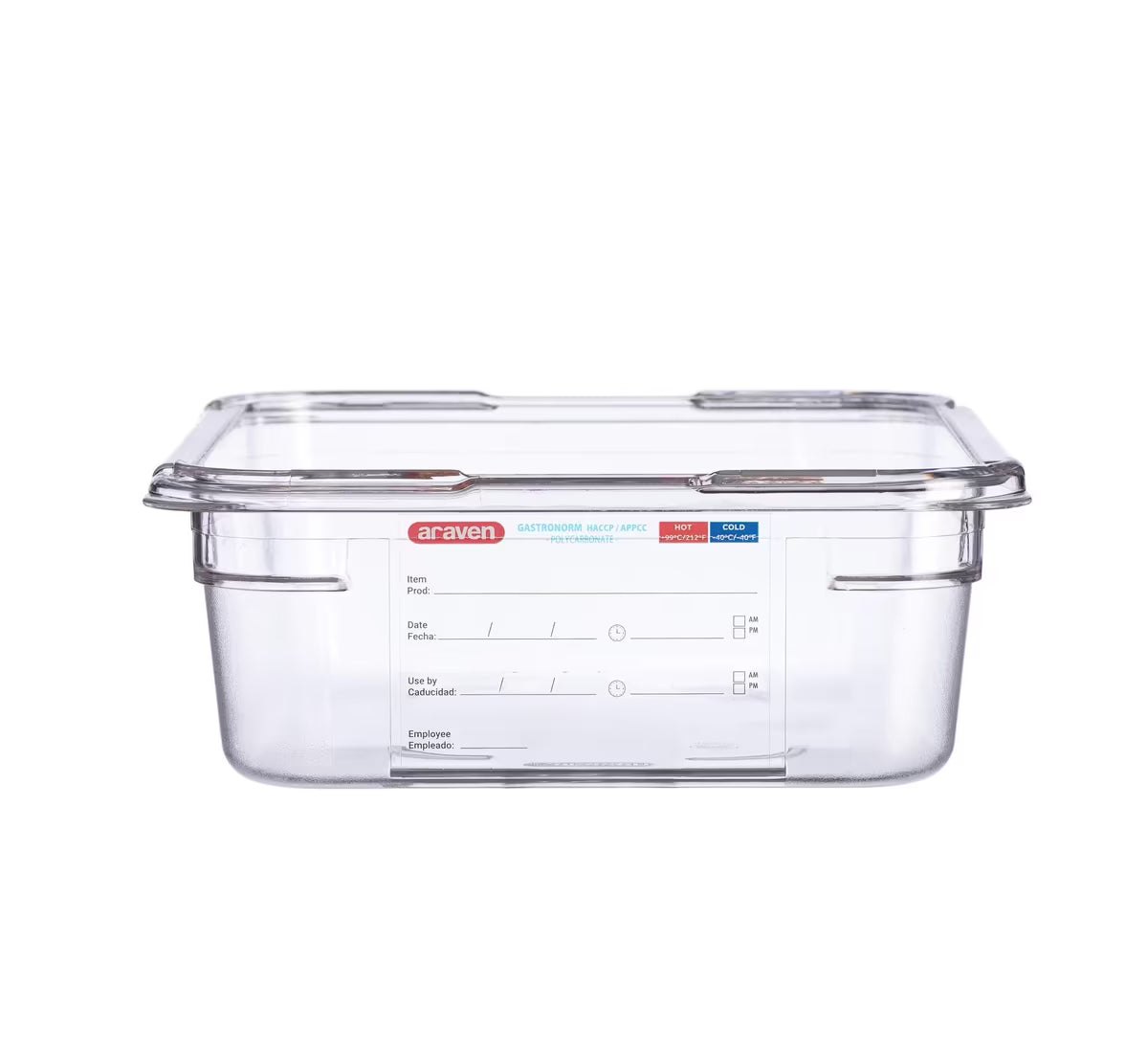 Organize food storage with the GN 1/2 Size 4 Inch Deep Clear Polycarbonate Food Pan 09822. Features an integrated traceability label, measuring scale, rounded edges and stain-resistant construction.