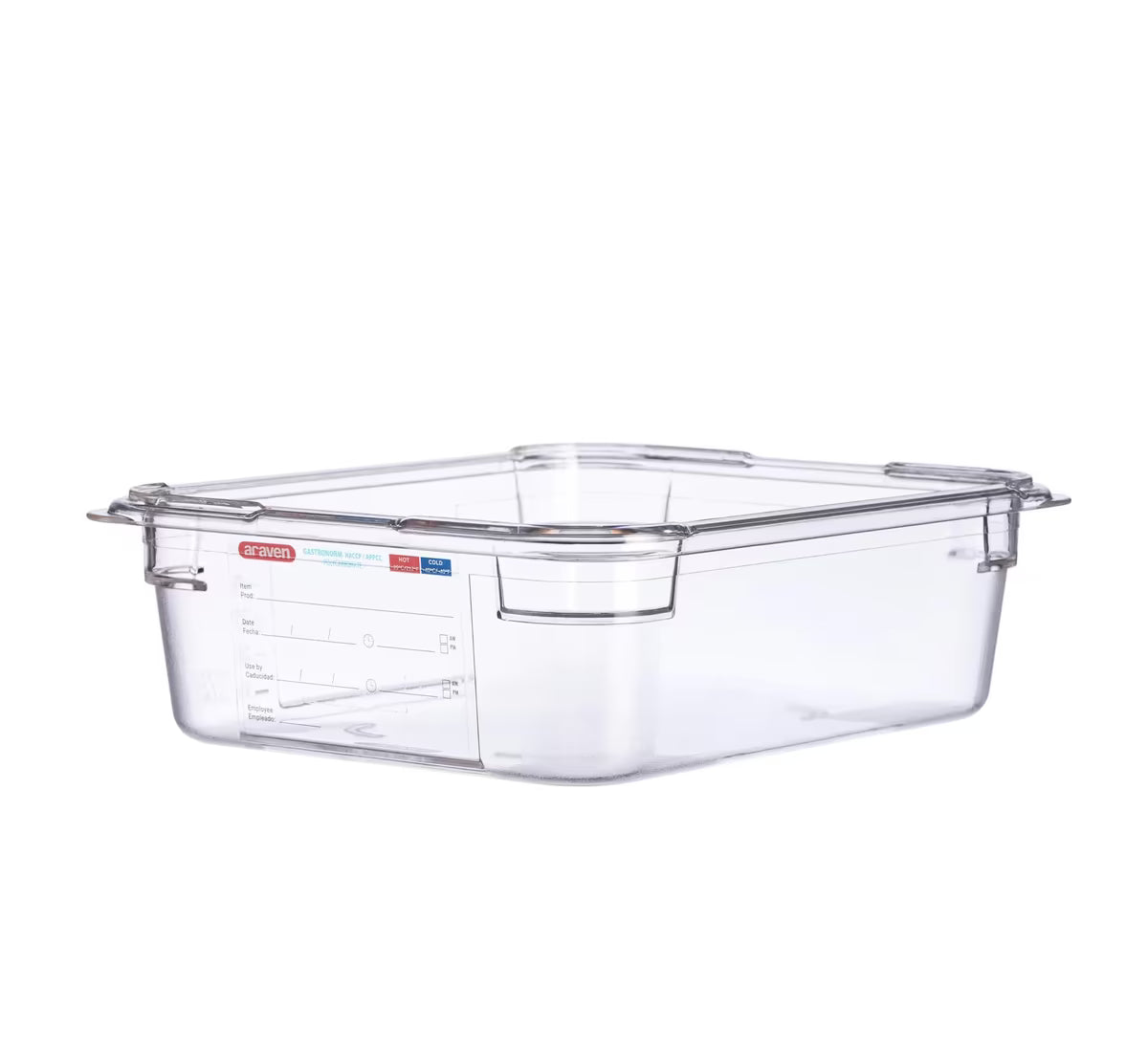 Organize food storage with the GN 1/2 Size 4 Inch Deep Clear Polycarbonate Food Pan 09822. Features an integrated traceability label, measuring scale, rounded edges and stain-resistant construction.