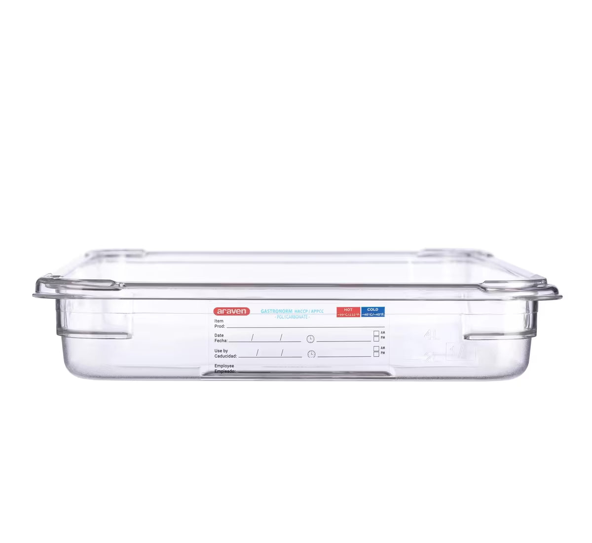 Organize food storage with the GN 1/1 Size 2.5 Inch Deep Clear Polycarbonate Food Pan 09826. Features an integrated traceability label, measuring scale, rounded edges and stain-resistant construction.