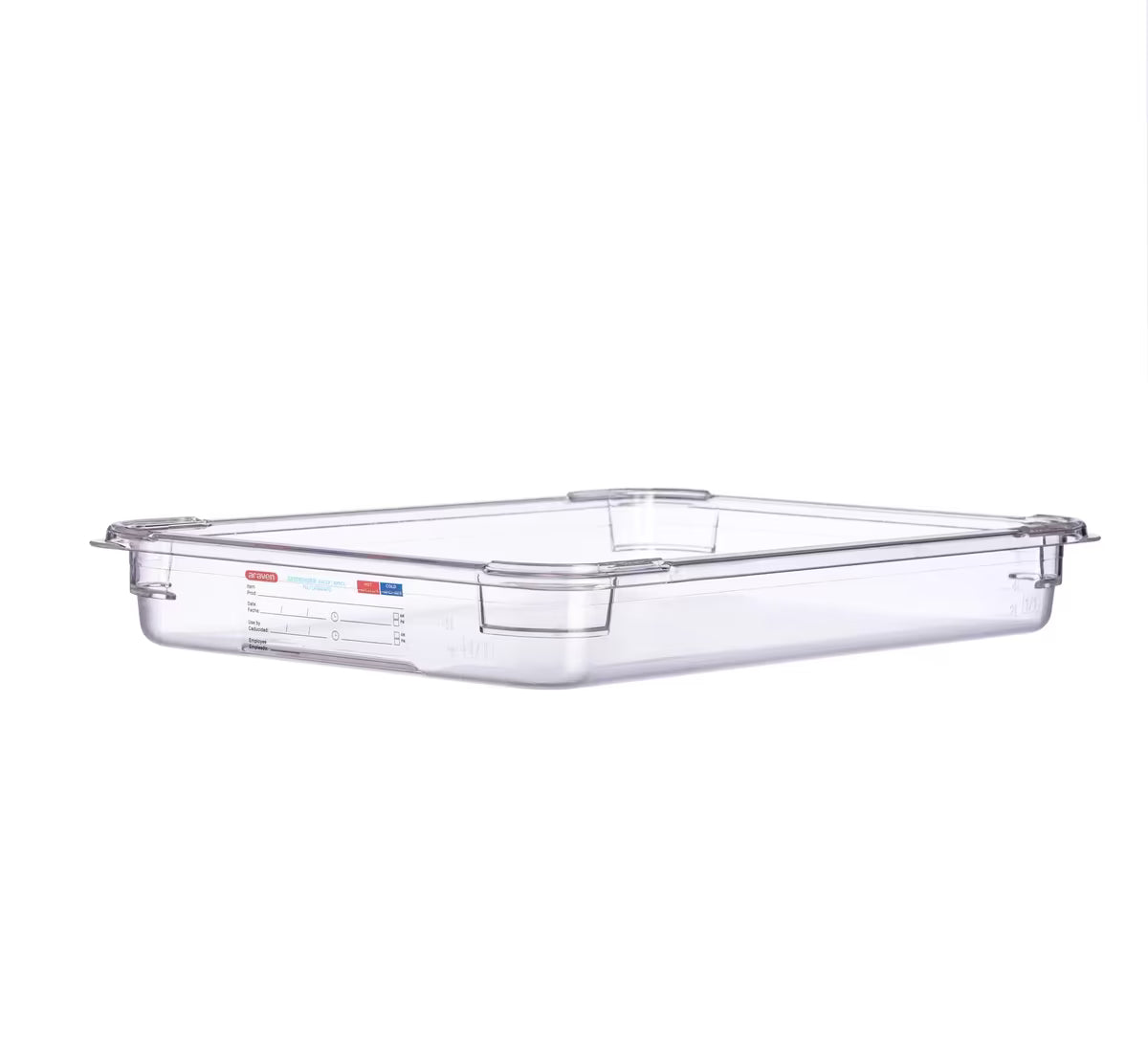 Organize food storage with the GN 1/1 Size 2.5 Inch Deep Clear Polycarbonate Food Pan 09826. Features an integrated traceability label, measuring scale, rounded edges and stain-resistant construction.