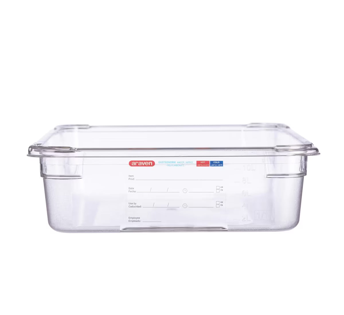 Organize food storage with the GN 1/1 Size 4 Inch Deep Clear Polycarbonate Food Pan 09827. Features an integrated traceability label, measuring scale, rounded edges and stain-resistant construction.