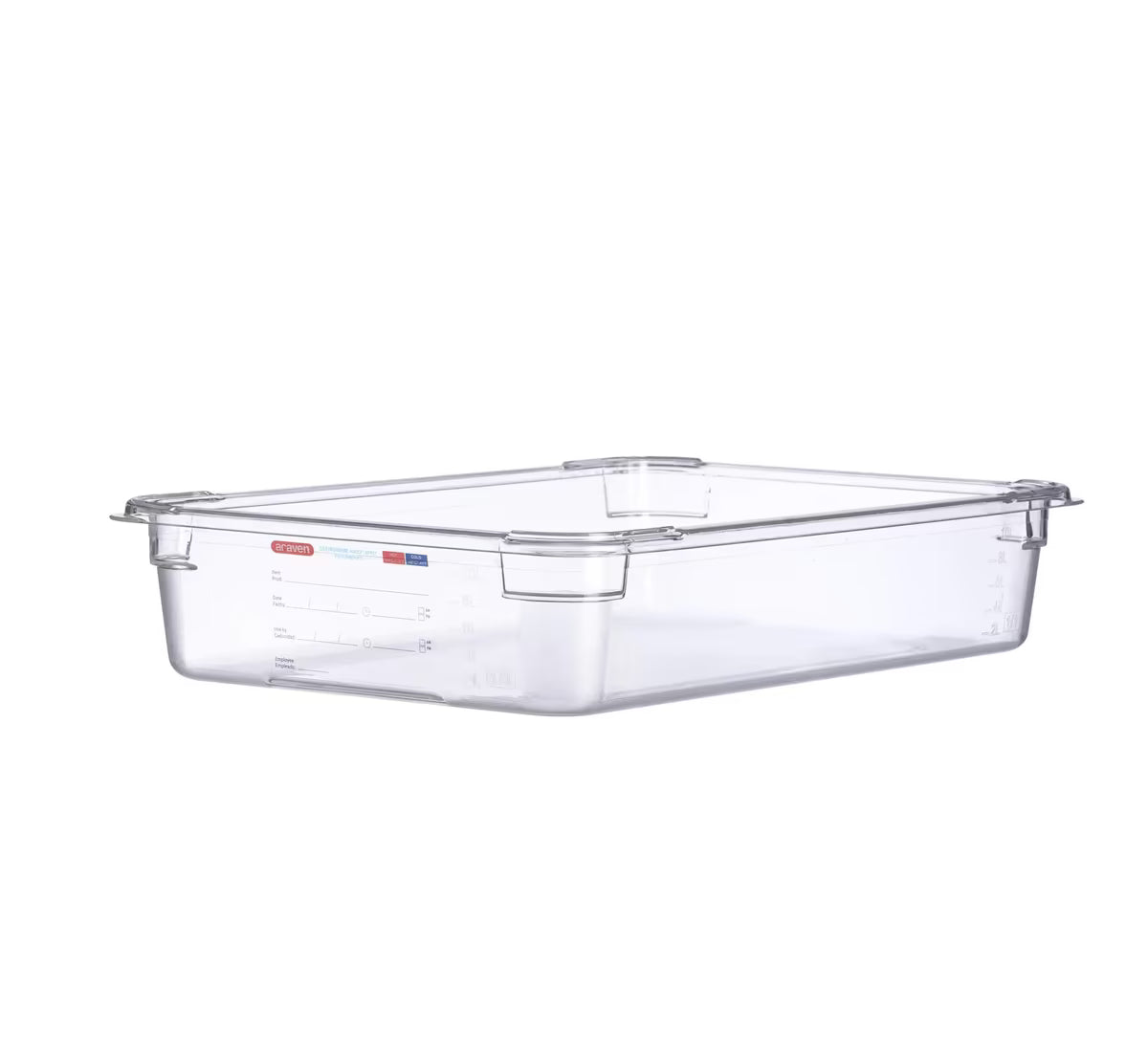 Organize food storage with the GN 1/1 Size 4 Inch Deep Clear Polycarbonate Food Pan 09827. Features an integrated traceability label, measuring scale, rounded edges and stain-resistant construction.