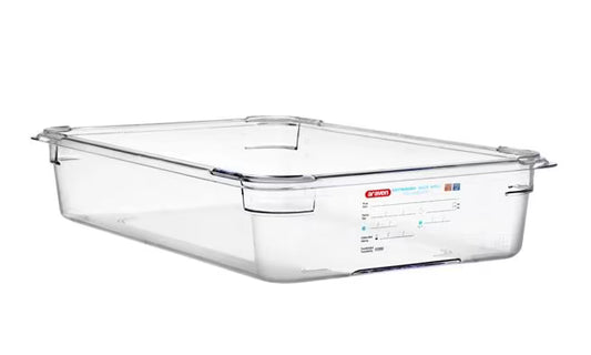 Organize food storage with the GN 1/1 Size 4 Inch Deep Clear Polycarbonate Food Pan 09827. Features an integrated traceability label, measuring scale, rounded edges and stain-resistant construction.
