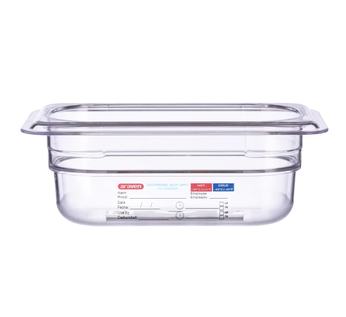 Organize food storage with the GN 1/9 Size 2.5 Inch Deep Clear Polycarbonate Food Pan 09836. Features an integrated traceability label, measuring scale, rounded edges and stain-resistant construction.