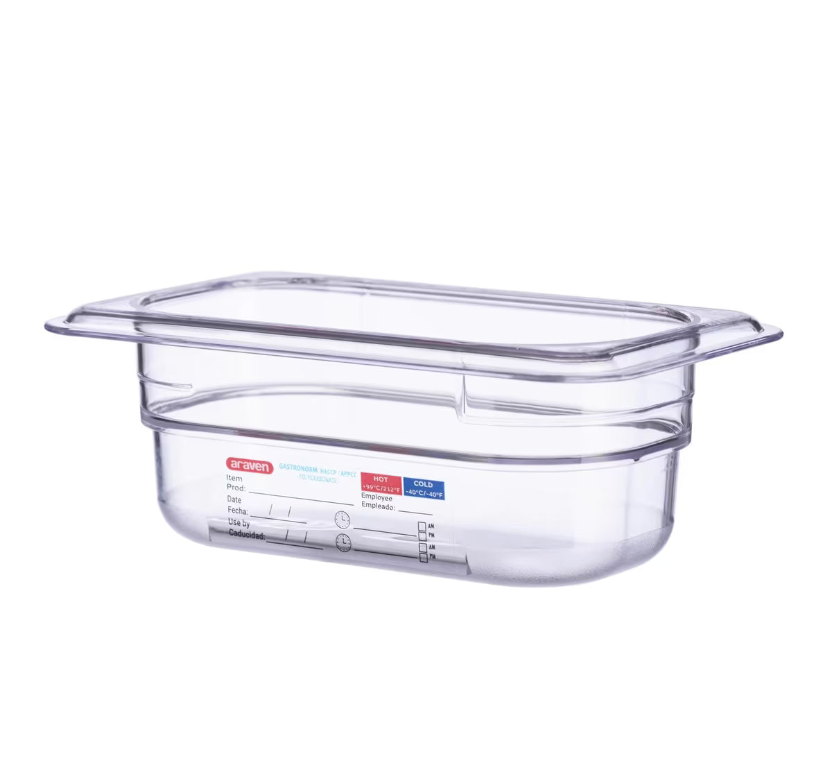Organize food storage with the GN 1/9 Size 2.5 Inch Deep Clear Polycarbonate Food Pan 09836. Features an integrated traceability label, measuring scale, rounded edges and stain-resistant construction.