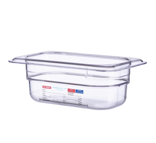 Organize food storage with the GN 1/9 Size 2.5 Inch Deep Clear Polycarbonate Food Pan 09836. Features an integrated traceability label, measuring scale, rounded edges and stain-resistant construction.