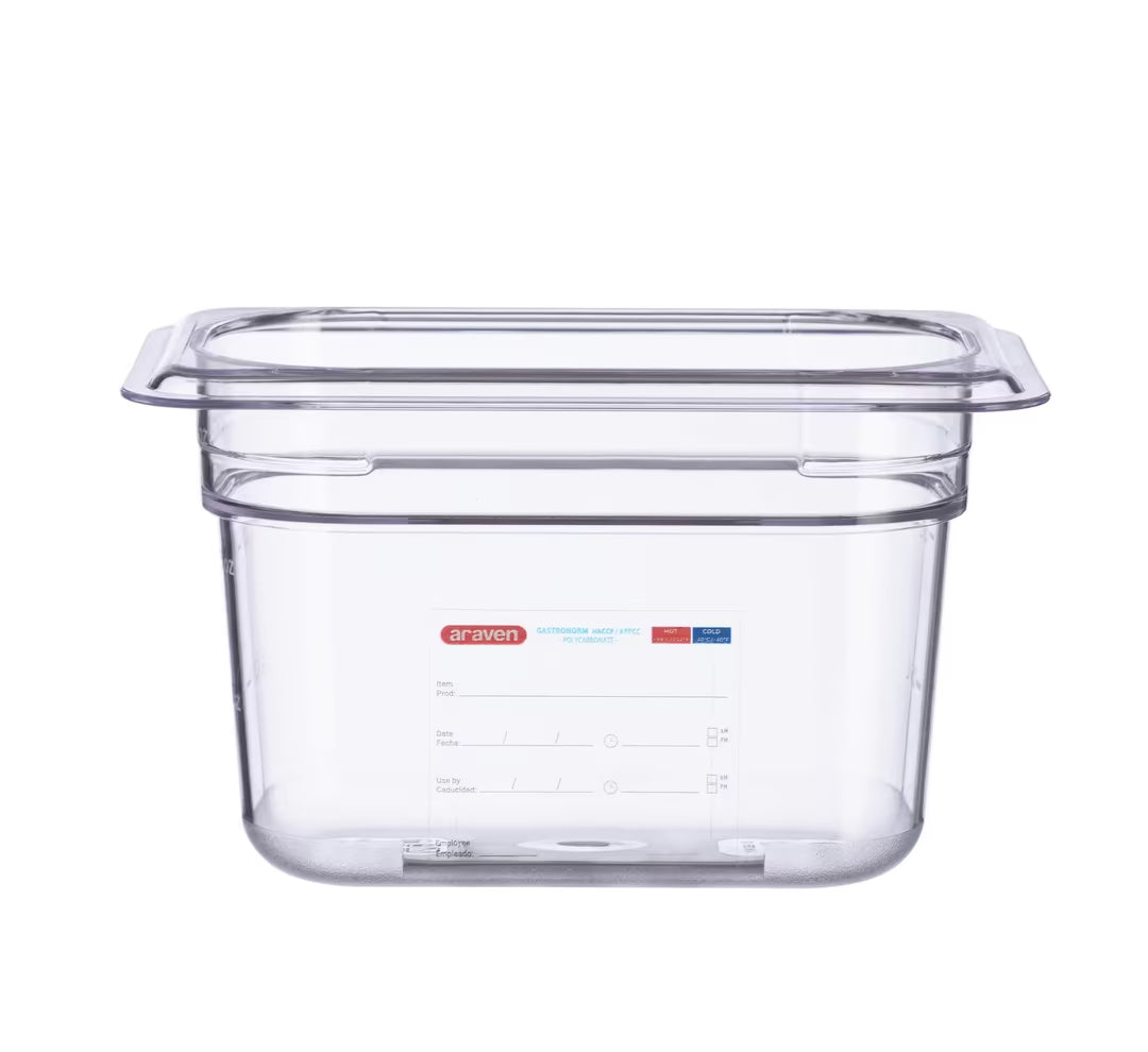 GN 1/9 Size 4 Inch Deep Clear Polycarbonate Food Pan with Integrated Label 09837 6/Pack