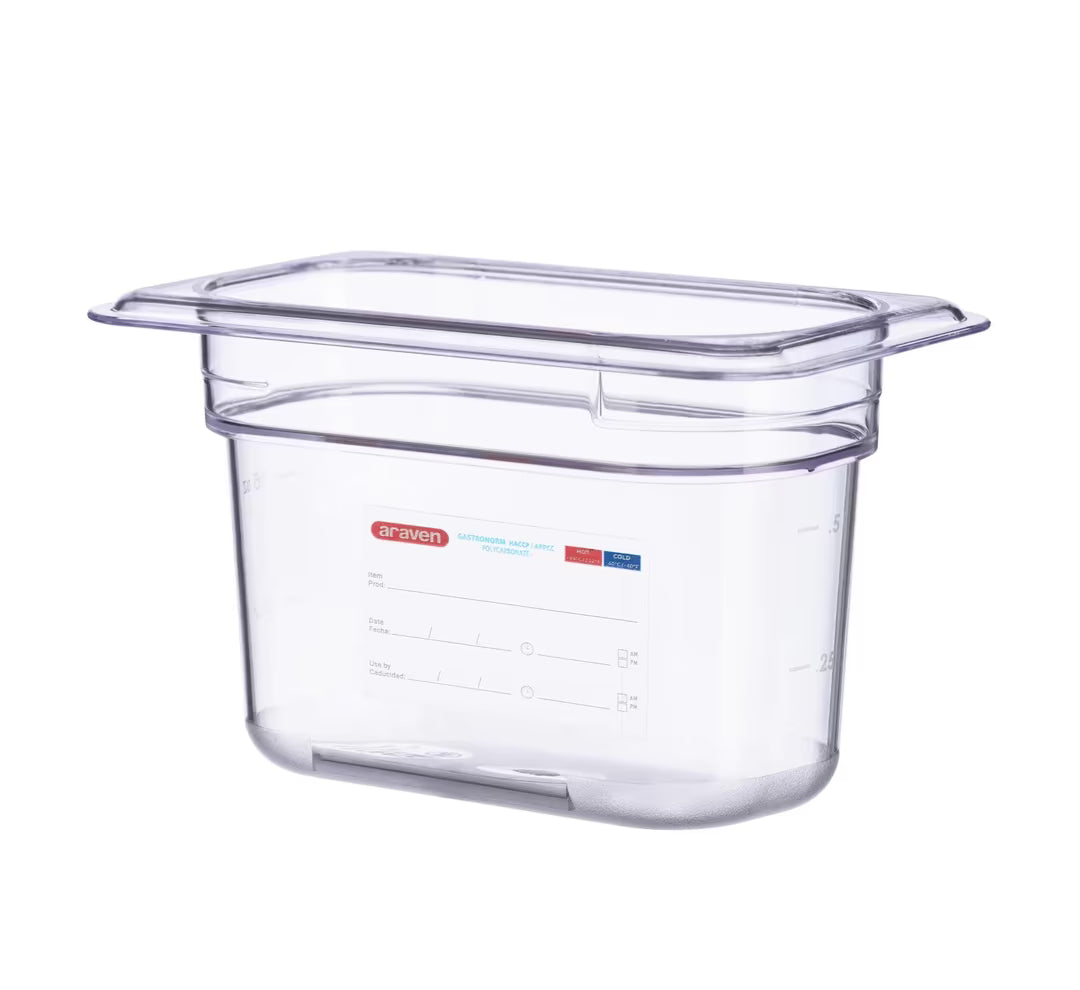 GN 1/9 Size 4 Inch Deep Clear Polycarbonate Food Pan with Integrated Label 09837 6/Pack
