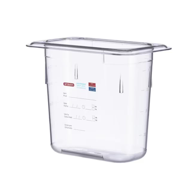 Organize food storage with the GN 1/9 Size 6 Inch Deep Clear Polycarbonate Food Pan 09838. Features an integrated traceability label, measuring scale, rounded edges and stain-resistant construction.