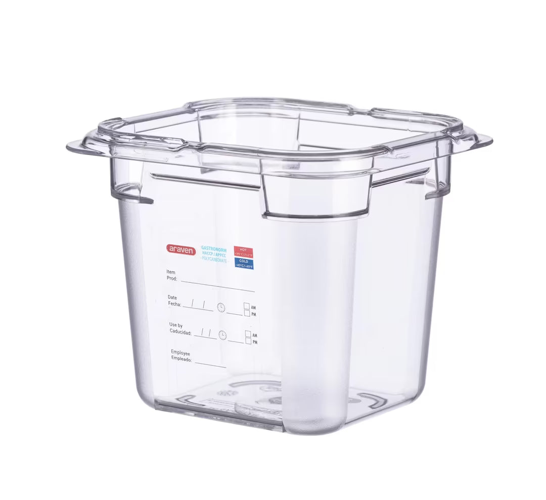 Organize food storage with the GN 1/6 Size 6 Inch Deep Clear Polycarbonate Food Pan 09839. Features an integrated traceability label, measuring scale, rounded edges and stain-resistant construction.