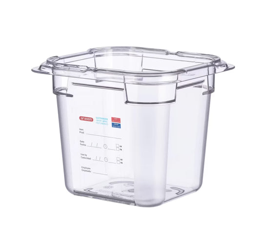 Organize food storage with the GN 1/6 Size 6 Inch Deep Clear Polycarbonate Food Pan 09839. Features an integrated traceability label, measuring scale, rounded edges and stain-resistant construction.