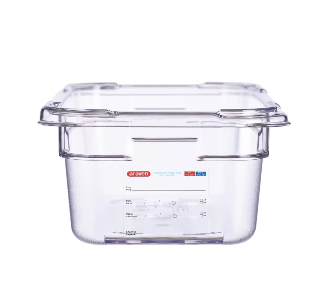 Organize food storage with the GN 1/3 Size 4 Inch Deep Clear Polycarbonate Food Pan 09840. Features an integrated traceability label, measuring scale, rounded edges and stain-resistant construction.