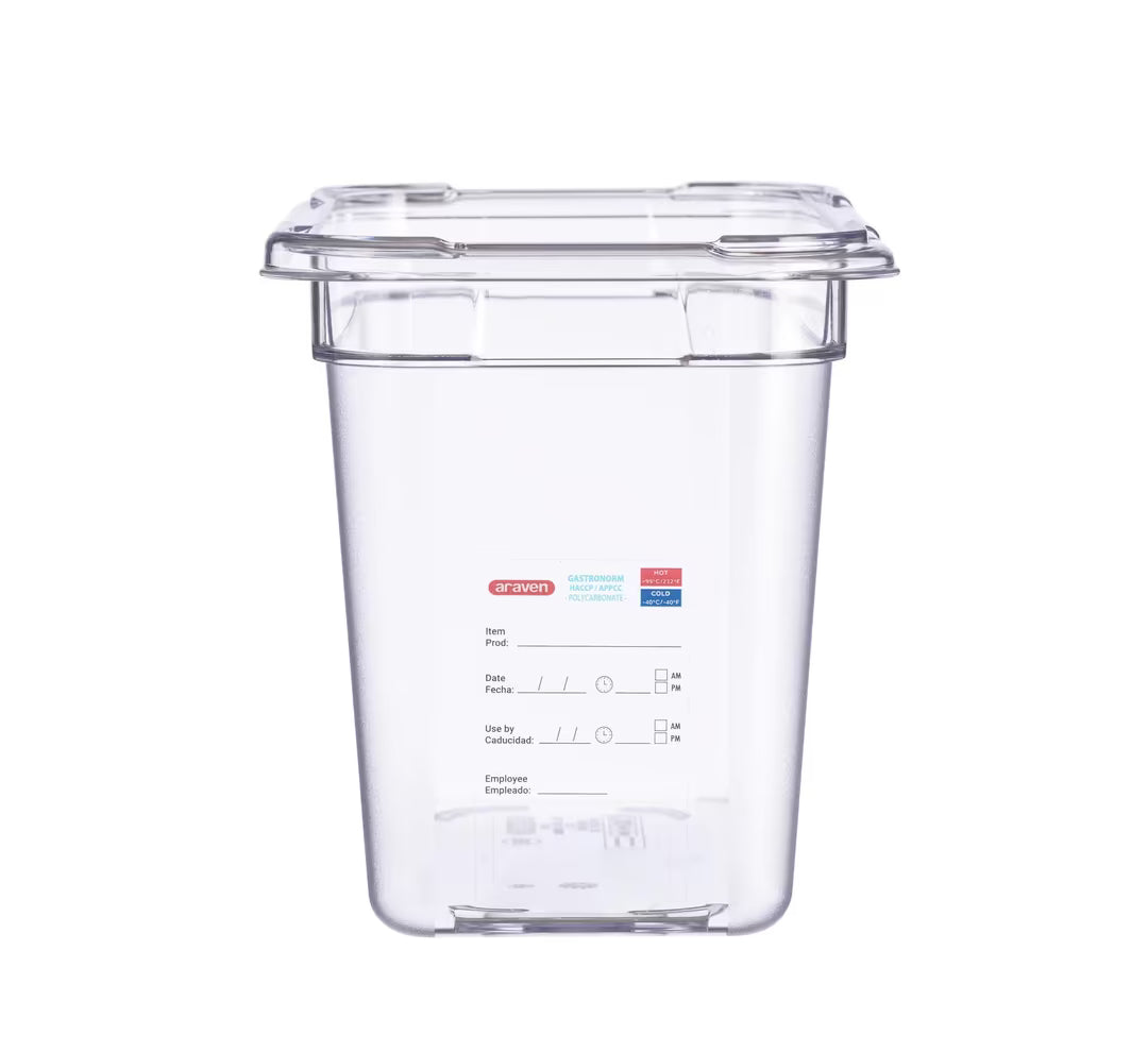 Organize high-volume food storage with the GN 1/3 Size 8 Inch Deep Clear Polycarbonate Food Pan 09841. Features an integrated traceability label, measuring scale and stain-resistant construction.