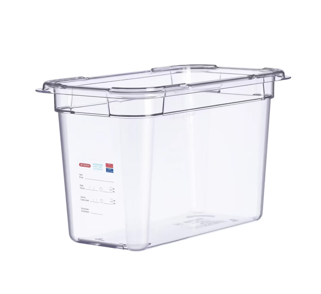 Organize high-volume food storage with the GN 1/3 Size 8 Inch Deep Clear Polycarbonate Food Pan 09841. Features an integrated traceability label, measuring scale and stain-resistant construction.