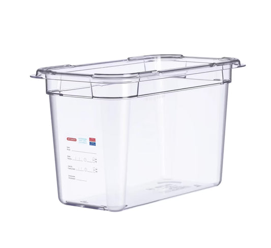 Organize high-volume food storage with the GN 1/3 Size 8 Inch Deep Clear Polycarbonate Food Pan 09841. Features an integrated traceability label, measuring scale and stain-resistant construction.