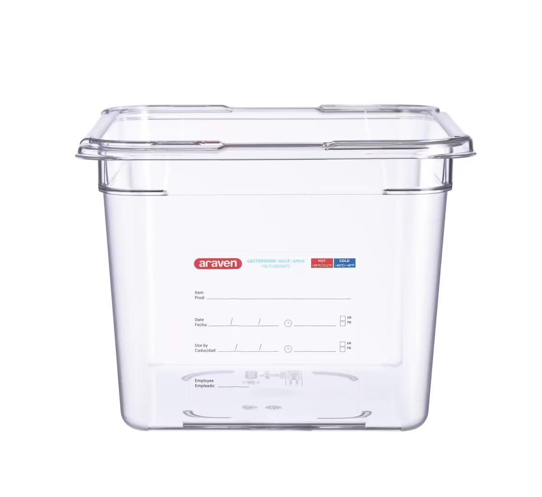 Organize high-volume food storage with the GN 1/2 Size 8 Inch Deep Clear Polycarbonate Food Pan 09843. Features an integrated label, measuring scale, rounded edges, and stain-resistant construction.