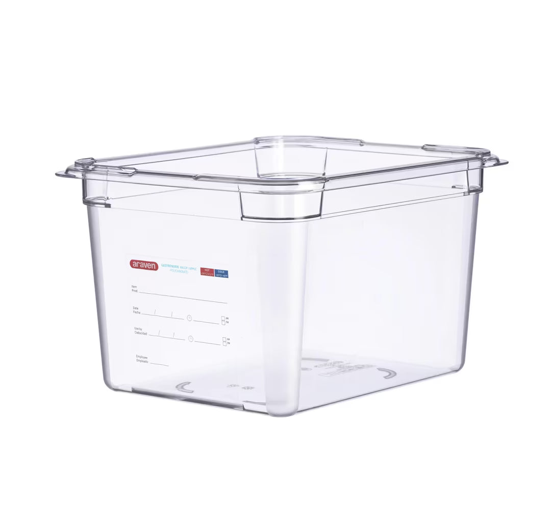 Organize high-volume food storage with the GN 1/2 Size 8 Inch Deep Clear Polycarbonate Food Pan 09843. Features an integrated label, measuring scale, rounded edges, and stain-resistant construction.
