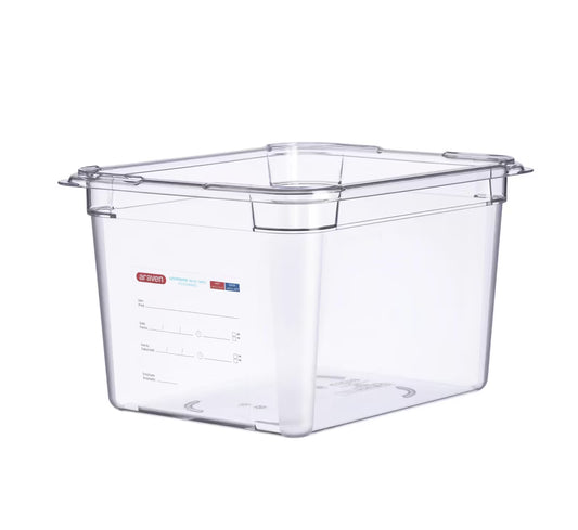 Organize high-volume food storage with the GN 1/2 Size 8 Inch Deep Clear Polycarbonate Food Pan 09843. Features an integrated label, measuring scale, rounded edges, and stain-resistant construction.