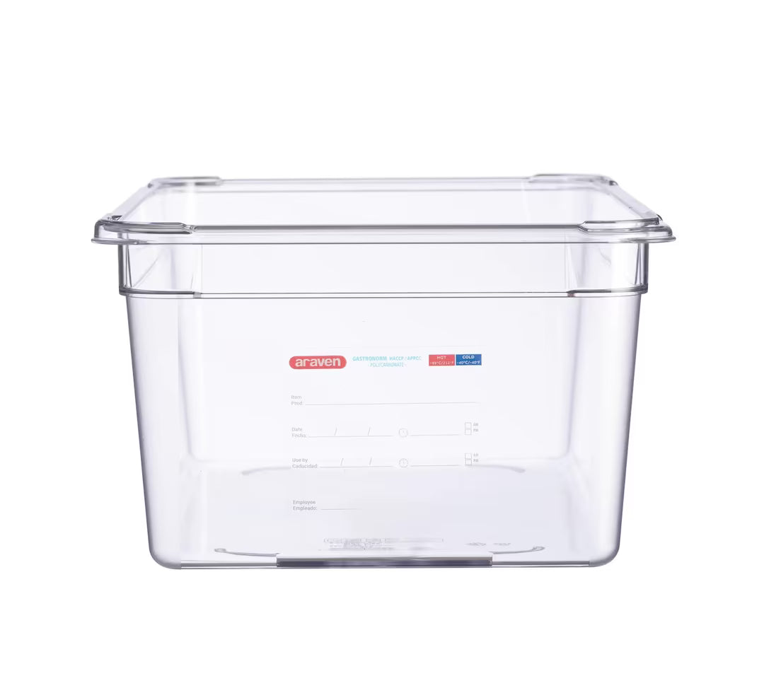 Organize high-volume food storage with the GN 1/1 Size 8 Inch Deep Clear Polycarbonate Food Pan 09845. Features an integrated label, measuring scale, rounded edges, and stain-resistant construction.