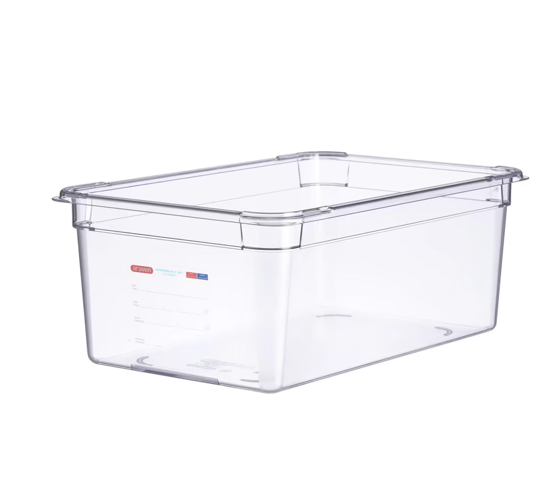 Organize high-volume food storage with the GN 1/1 Size 8 Inch Deep Clear Polycarbonate Food Pan 09845. Features an integrated label, measuring scale, rounded edges, and stain-resistant construction.