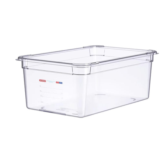 Organize high-volume food storage with the GN 1/1 Size 8 Inch Deep Clear Polycarbonate Food Pan 09845. Features an integrated label, measuring scale, rounded edges, and stain-resistant construction.