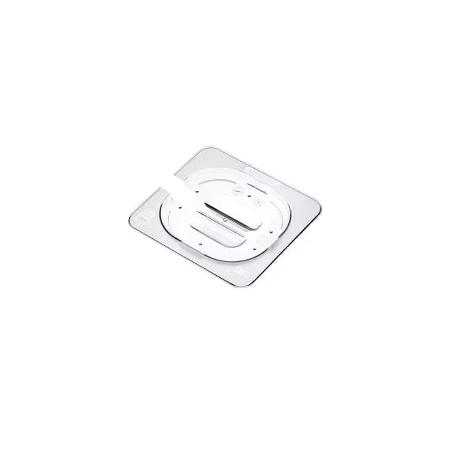 Protect and serve food efficiently with the GN 1/6 Size Notched Clear Polycarbonate Contact Lid 84018. Features a universal fit, integrated handle, utensil rest, and reduced air exposure.