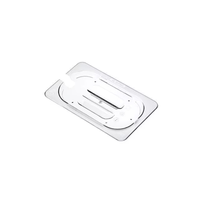 Protect and serve food efficiently with the GN 1/4 Size Notched Clear Polycarbonate Contact Lid 84022. Features a universal fit, integrated handle, utensil rest, and reduced air exposure.