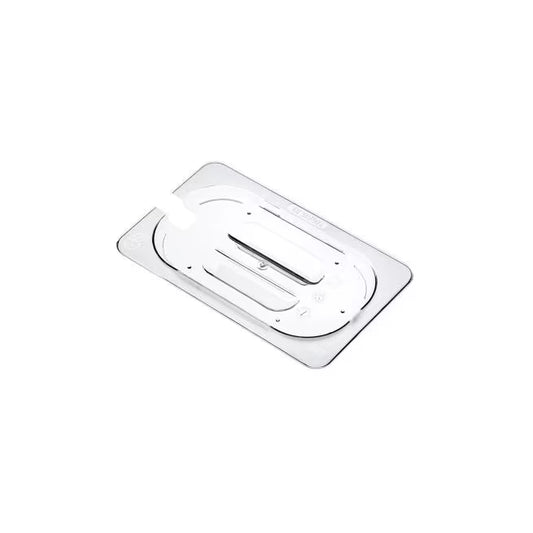 Protect and serve food efficiently with the GN 1/4 Size Notched Clear Polycarbonate Contact Lid 84022. Features a universal fit, integrated handle, utensil rest, and reduced air exposure.