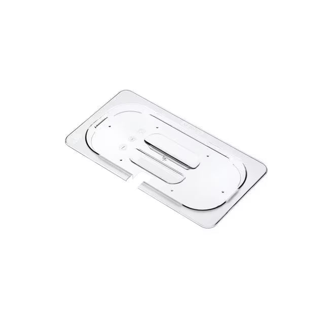 Protect and serve food efficiently with the GN 1/3 Size Notched Clear Polycarbonate Contact Lid 84029. Features a universal fit, integrated handle, utensil rest, and reduced air exposure.