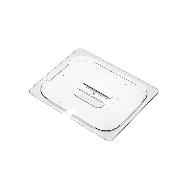 Protect and serve food efficiently with the GN 1/2 Size Notched Clear Polycarbonate Contact Lid 84038. Features a universal fit, integrated handle, utensil rest, and reduced air exposure.