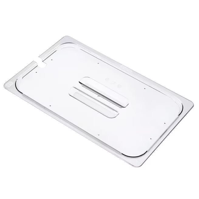 Protect and serve food efficiently with the GN 1/1 Size Notched Clear Polycarbonate Contact Lid 84062. Features a universal fit, integrated handle, utensil rest, and reduced air exposure.