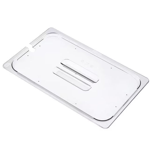Protect and serve food efficiently with the GN 1/1 Size Notched Clear Polycarbonate Contact Lid 84062. Features a universal fit, integrated handle, utensil rest, and reduced air exposure.