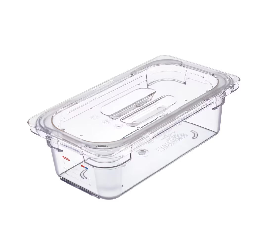 Preserve fruits and vegetables with the GN 1/3 Size Clear Universal Polycarbonate Contact Lid 94029. Features a universal fit, integrated handle, condensation control, and reduced air exposure.