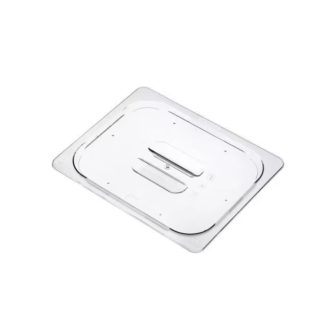 Preserve fruits and vegetables with the GN 1/2 Size Clear Universal Polycarbonate Contact Lid 94038. Features a universal fit, integrated handle, condensation control, and reduced air exposure.