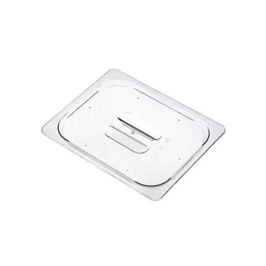 Preserve fruits and vegetables with the GN 1/2 Size Clear Universal Polycarbonate Contact Lid 94038. Features a universal fit, integrated handle, condensation control, and reduced air exposure.