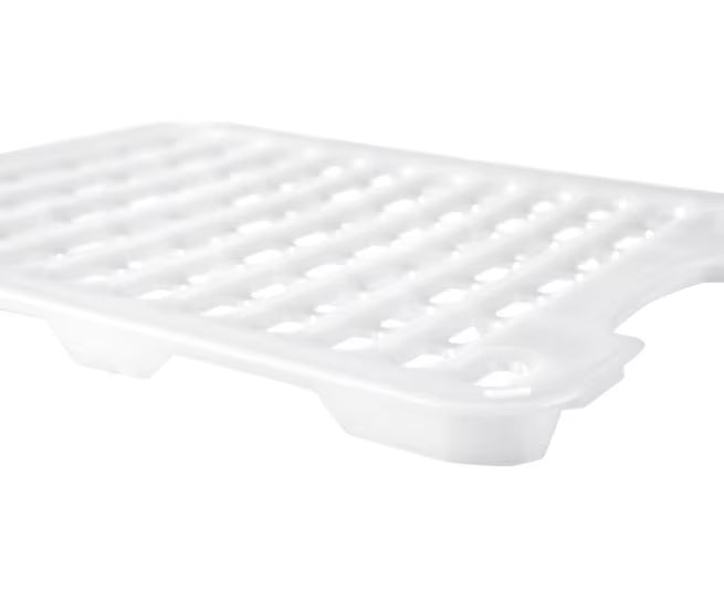 Preserve food efficiently with the GN 1/6 Size White HDPE Drain Tray 00254. Features a versatile design for meats, fruits, vegetables, and seafood, rounded edges, and ergonomic handling.