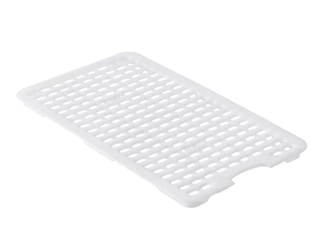 Preserve food efficiently with the Full Size White HDPE GastroNorm Drain Tray 00256. Features a versatile design for meats, fruits, vegetables, and seafood, rounded edges, and ergonomic handling.