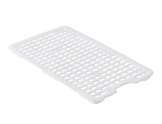 Preserve food efficiently with the Full Size White HDPE GastroNorm Drain Tray 00256. Features a versatile design for meats, fruits, vegetables, and seafood, rounded edges, and ergonomic handling.