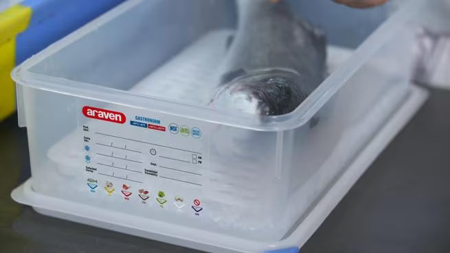 Store and preserve food efficiently with the GN 1/2 Size 2.5 Inch Deep 4.2 Qt Translucent Polypropylene Food Pan with Airtight Lid 03032. Features a double airtight seal, integrated label, ColorClip identification, and measurement indicators.