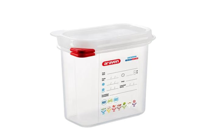 Store and preserve food efficiently with the GN 1/9 Size 6 Inch Deep 1.6 Qt Translucent Polypropylene Food Pan with Airtight Lid 03022. Features a double airtight seal, integrated label, ColorClip identification, and measurement indicators.