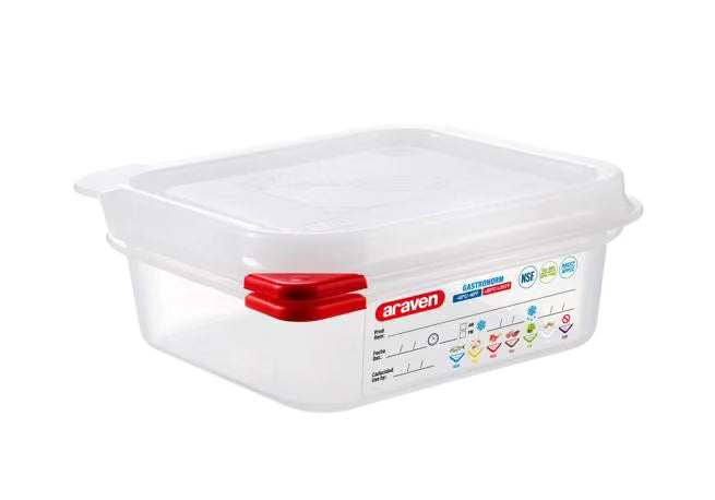 Store and preserve food efficiently with the GN 1/6 Size 2.5 Inch Deep 1.2 Qt Translucent Polypropylene Food Pan with Airtight Lid 03023. Features a double airtight seal, integrated label, ColorClip identification, and measurement indicators.